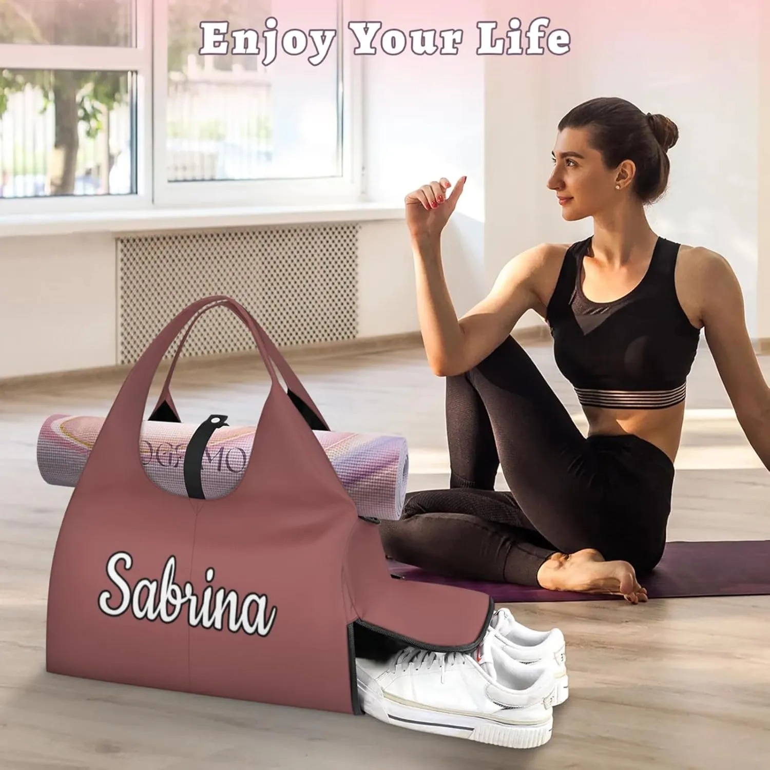 Custom Yoga Mat Gym Bag Tote Bag for Women Travel Workout Personalized Name Pilates Duffle Bag