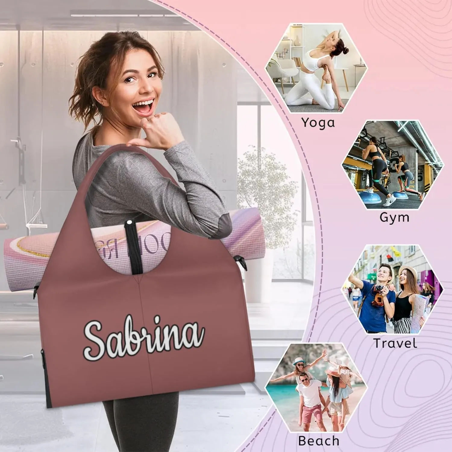 Custom Yoga Mat Gym Bag Tote Bag for Women Travel Workout Personalized Name Pilates Duffle Bag