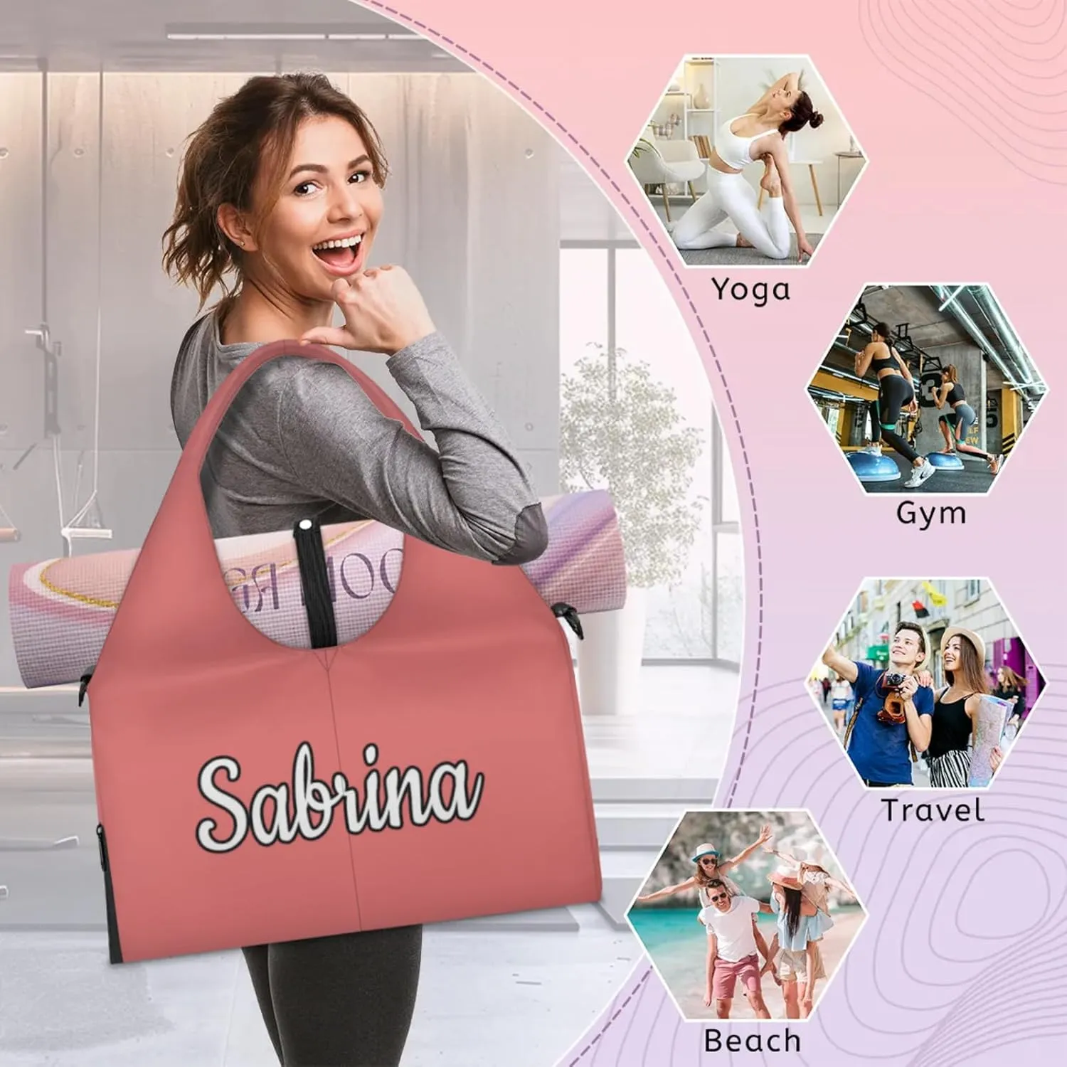 Custom Yoga Mat Gym Bag Tote Bag for Women Travel Workout Personalized Name Pilates Duffle Bag