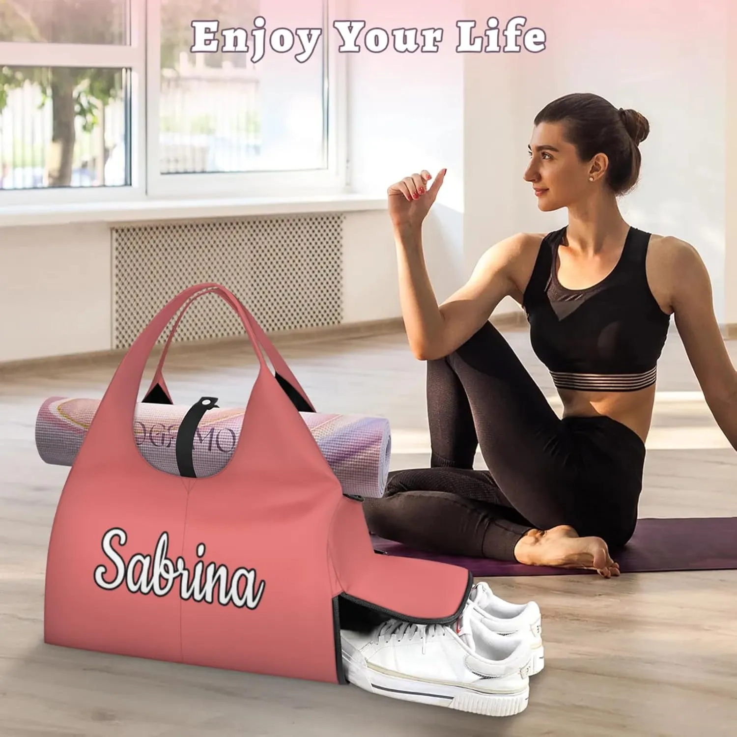 Custom Yoga Mat Gym Bag Tote Bag for Women Travel Workout Personalized Name Pilates Duffle Bag