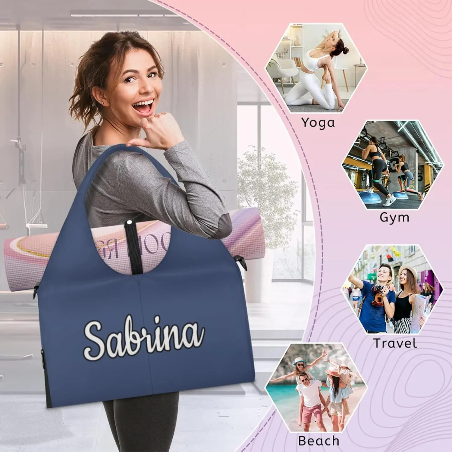 Custom Yoga Mat Gym Bag Tote Bag for Women Travel Workout Personalized Name Pilates Duffle Bag