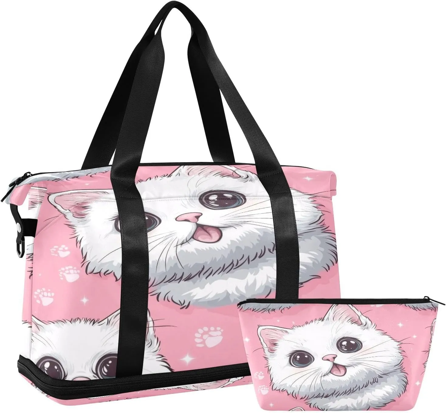 Cute Cat Watching Gym Bag for Women Sport Travel Duffel Bag Shoulder Weekender Overnight Bags with Wet Pocket & Shoe Compartment