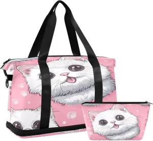 Cute Cat Watching Gym Bag for Women Sport Travel Duffel Bag Shoulder Weekender Overnight Bags with Wet Pocket & Shoe Compartment