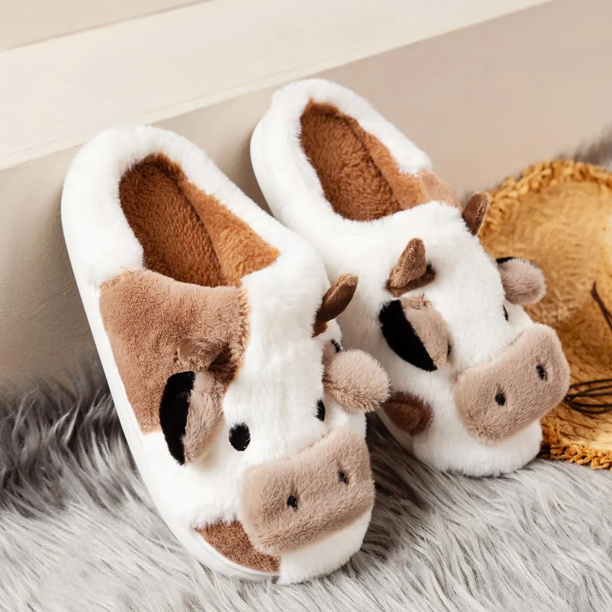 Cute Cow Slippers for Women Winter Cozy Animal Fluffy Kawaii House Slippers Cute Slippers.