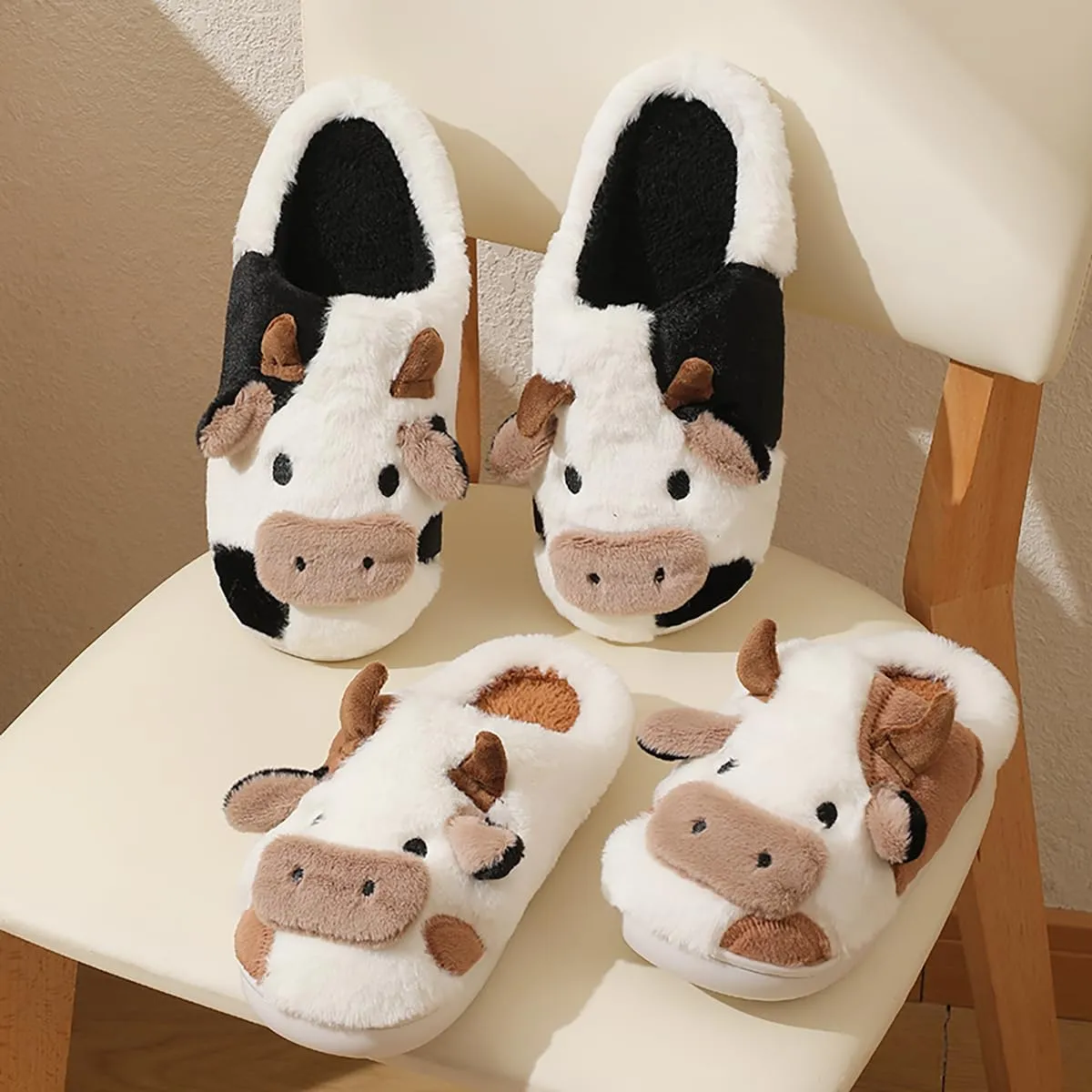 Cute Cow Slippers for Women Winter Cozy Animal Fluffy Kawaii House Slippers Cute Slippers.
