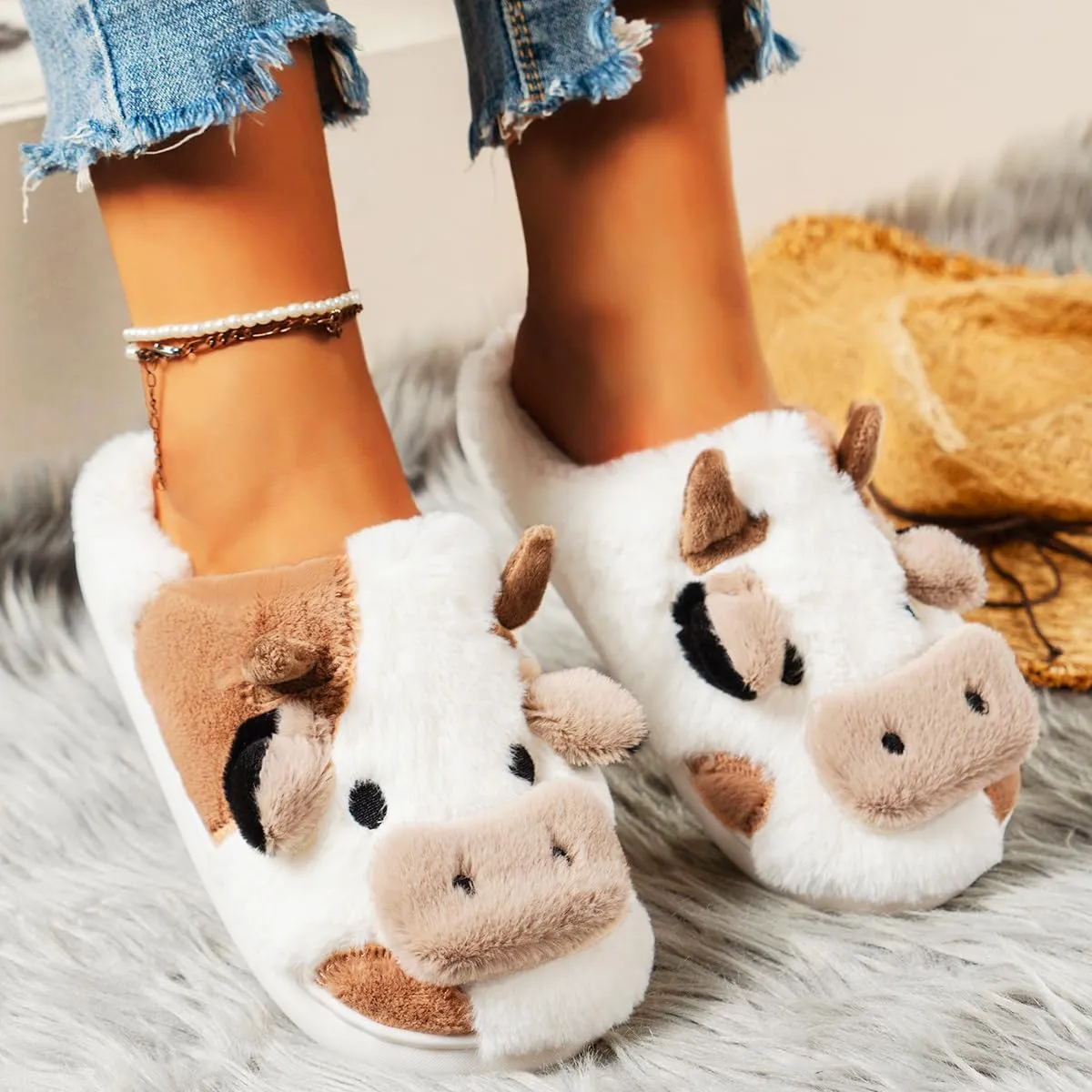 Cute Cow Slippers for Women Winter Cozy Animal Fluffy Kawaii House Slippers Cute Slippers.