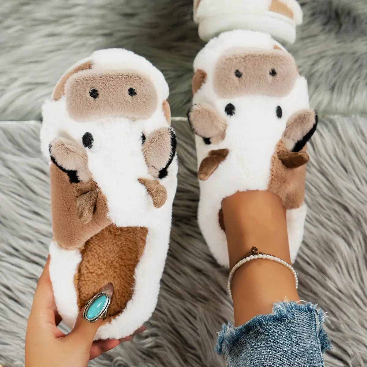 Cute Cow Slippers for Women Winter Cozy Animal Fluffy Kawaii House Slippers Cute Slippers.