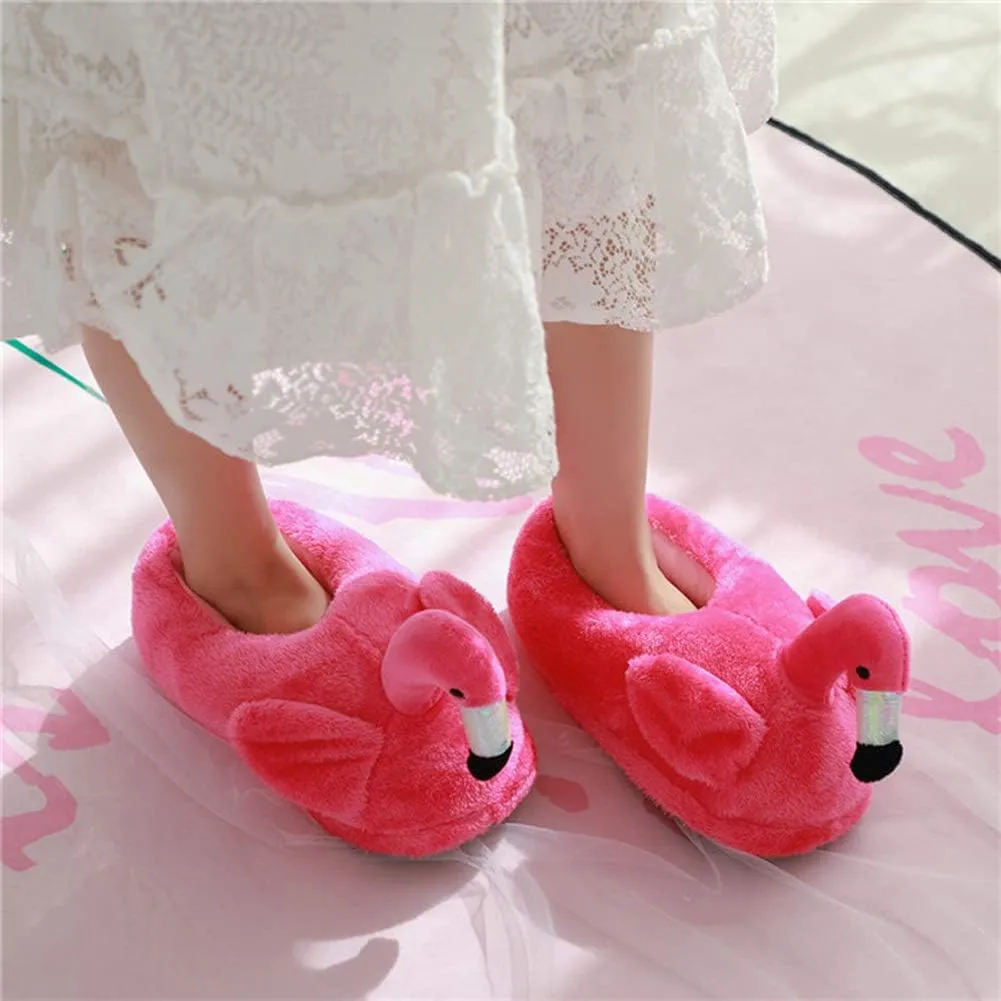 Cute Flamingo Slippers Heel Cover Winter Warm Plush Animal Slippers for Women