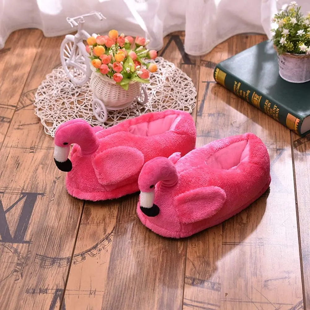 Cute Flamingo Slippers Heel Cover Winter Warm Plush Animal Slippers for Women