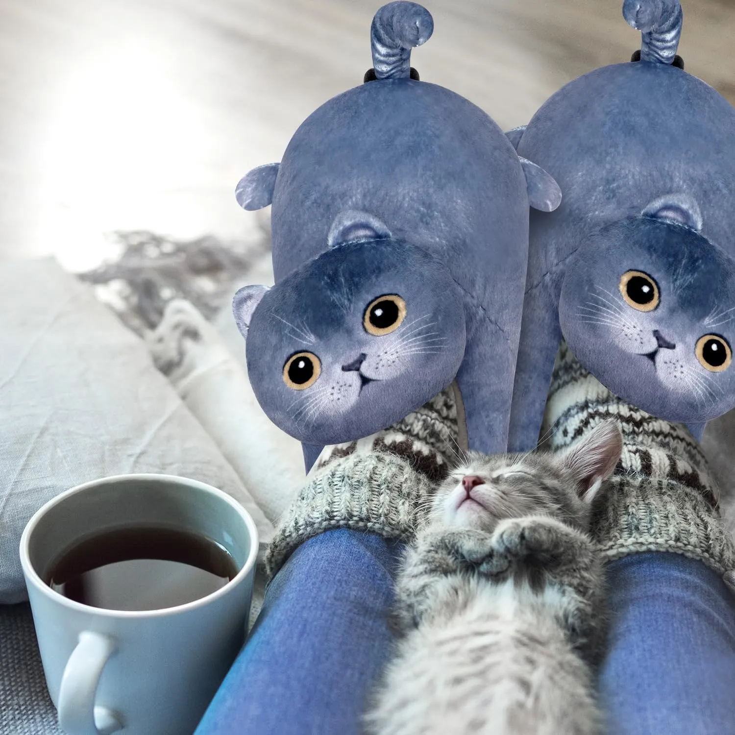 Cute Fuzzy Cat Slippers for Women Indoor and Outdoor, Funny Animal Winter Warm Memory Foam House Slippers, Gifts for Women and Cat lovers