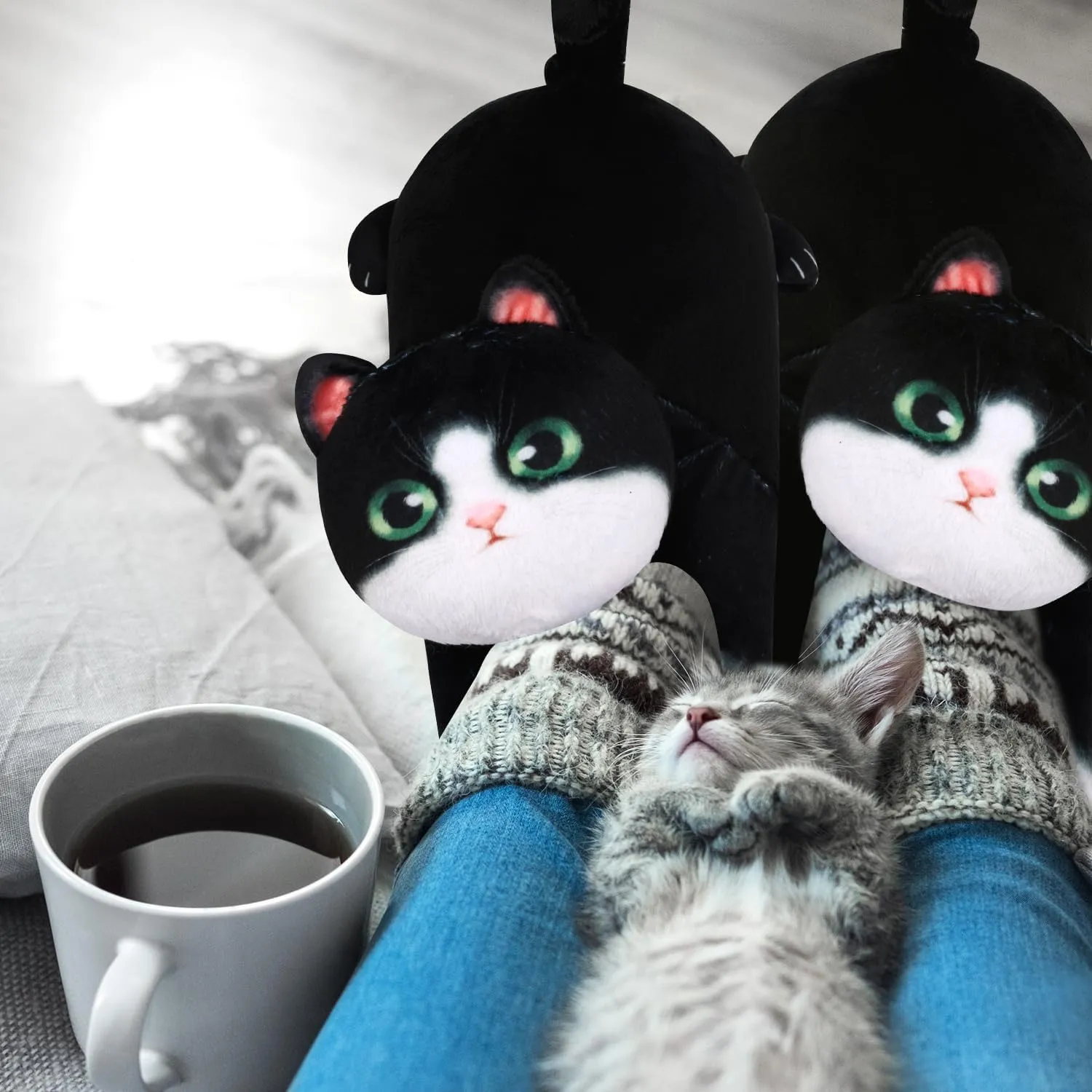 Cute Fuzzy Cat Slippers for Women Indoor and Outdoor, Funny Animal Winter Warm Memory Foam House Slippers, Gifts for Women and Cat lovers