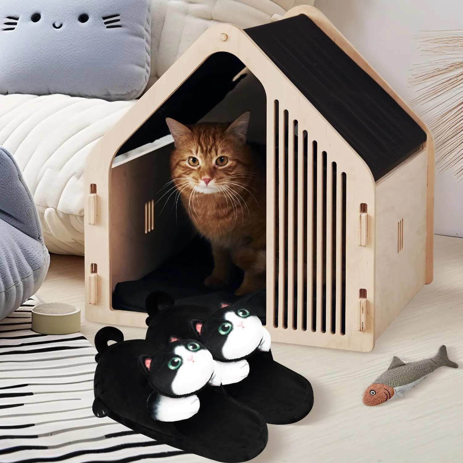 Cute Fuzzy Cat Slippers for Women Indoor and Outdoor, Funny Animal Winter Warm Memory Foam House Slippers, Gifts for Women and Cat lovers