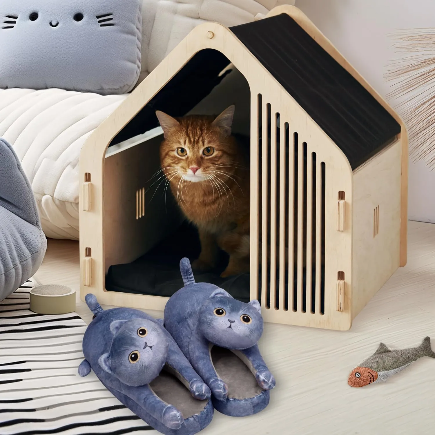 Cute Fuzzy Cat Slippers for Women Indoor and Outdoor, Funny Animal Winter Warm Memory Foam House Slippers, Gifts for Women and Cat lovers