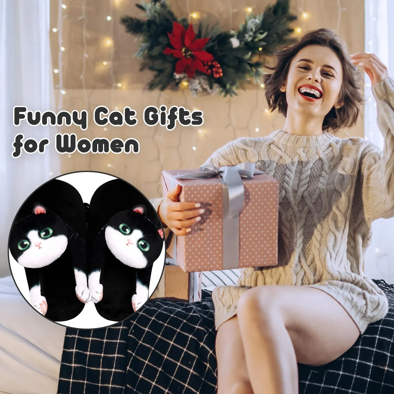 Cute Fuzzy Cat Slippers for Women Indoor and Outdoor, Funny Animal Winter Warm Memory Foam House Slippers, Gifts for Women and Cat lovers
