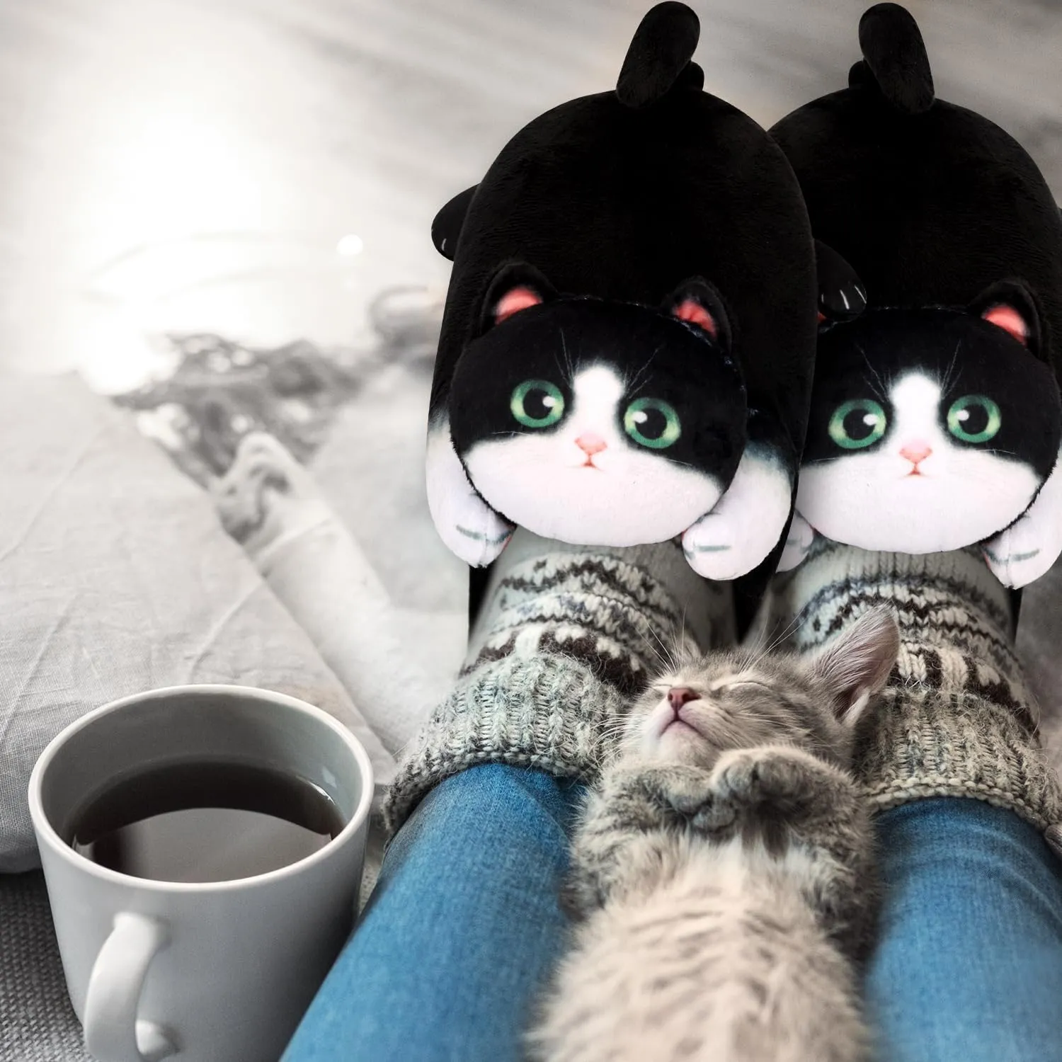 Cute Fuzzy Cat Slippers for Women Indoor and Outdoor, Funny Animal Winter Warm Memory Foam House Slippers, Gifts for Women and Cat lovers