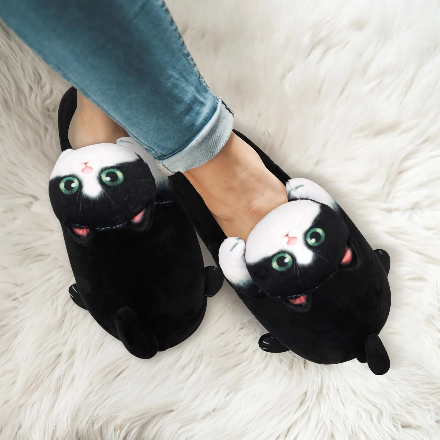 Cute Fuzzy Cat Slippers for Women Indoor and Outdoor, Funny Animal Winter Warm Memory Foam House Slippers, Gifts for Women and Cat lovers