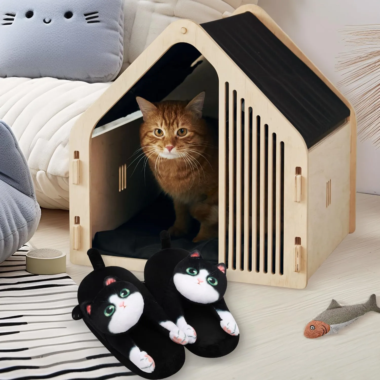 Cute Fuzzy Cat Slippers for Women Indoor and Outdoor, Funny Animal Winter Warm Memory Foam House Slippers, Gifts for Women and Cat lovers
