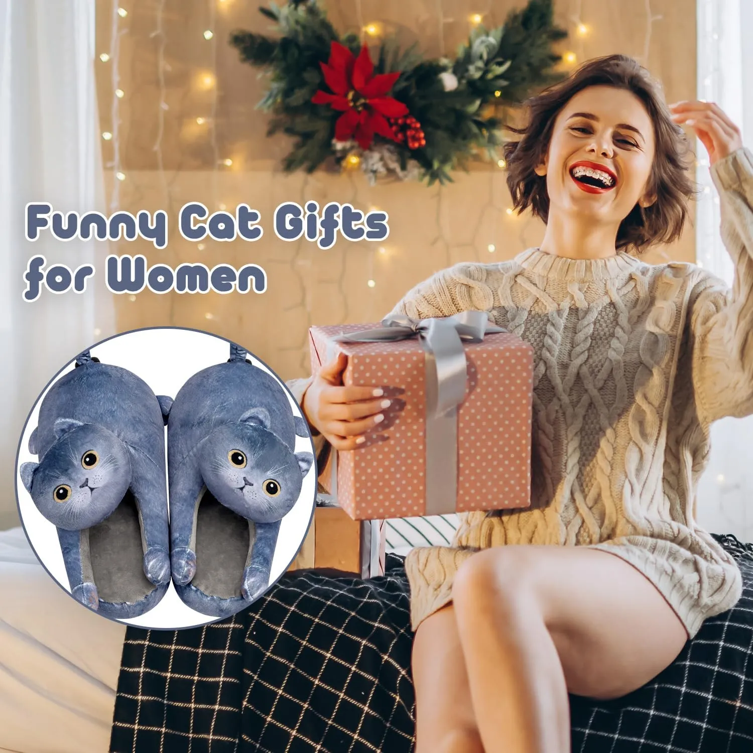 Cute Fuzzy Cat Slippers for Women Indoor and Outdoor, Funny Animal Winter Warm Memory Foam House Slippers, Gifts for Women and Cat lovers