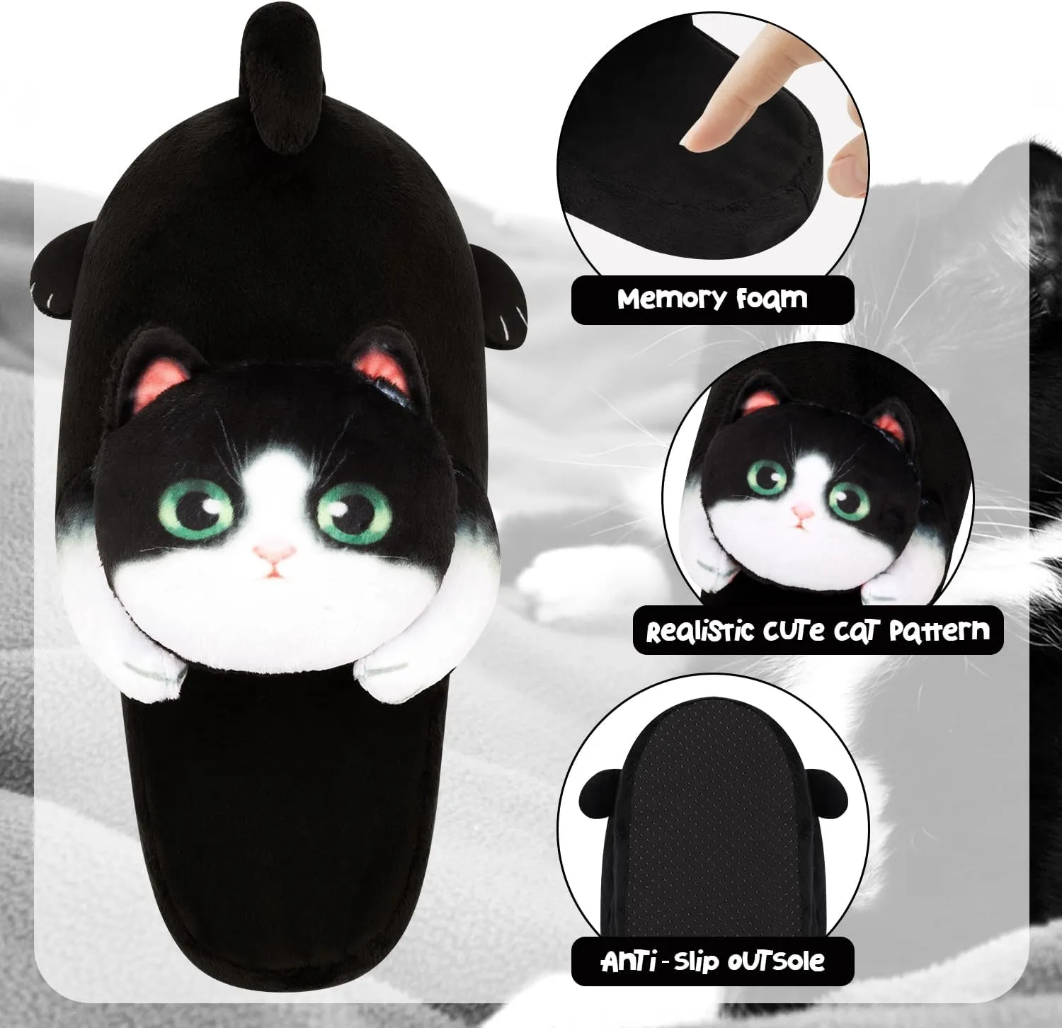Cute Fuzzy Cat Slippers for Women Indoor and Outdoor, Funny Animal Winter Warm Memory Foam House Slippers, Gifts for Women and Cat lovers