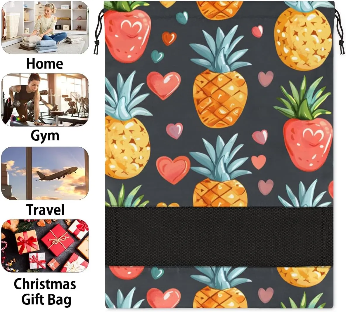 Cute Heart Pineapple Shoe Bags for Travel 17" x 12.4" Travel Shoe Bags for Packing Portable Shoe Storage Bags Drawstring Bags Travel Essentials