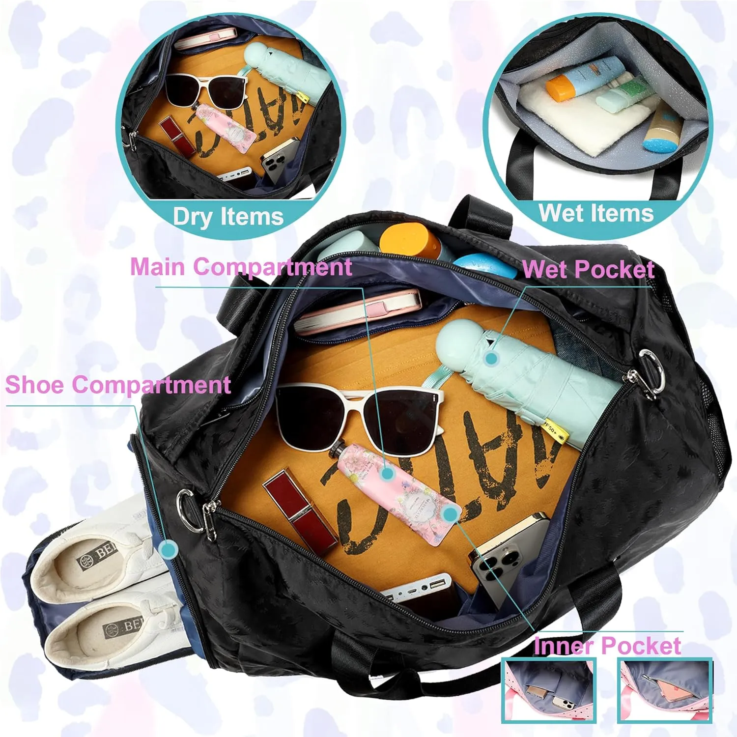 Dance Bag for Girls Duffle Bag Girls Overnight Bags Sleepover Gym Gymnastics Bags with Shoe Compartment and Wet Pocket,Leopard Shape