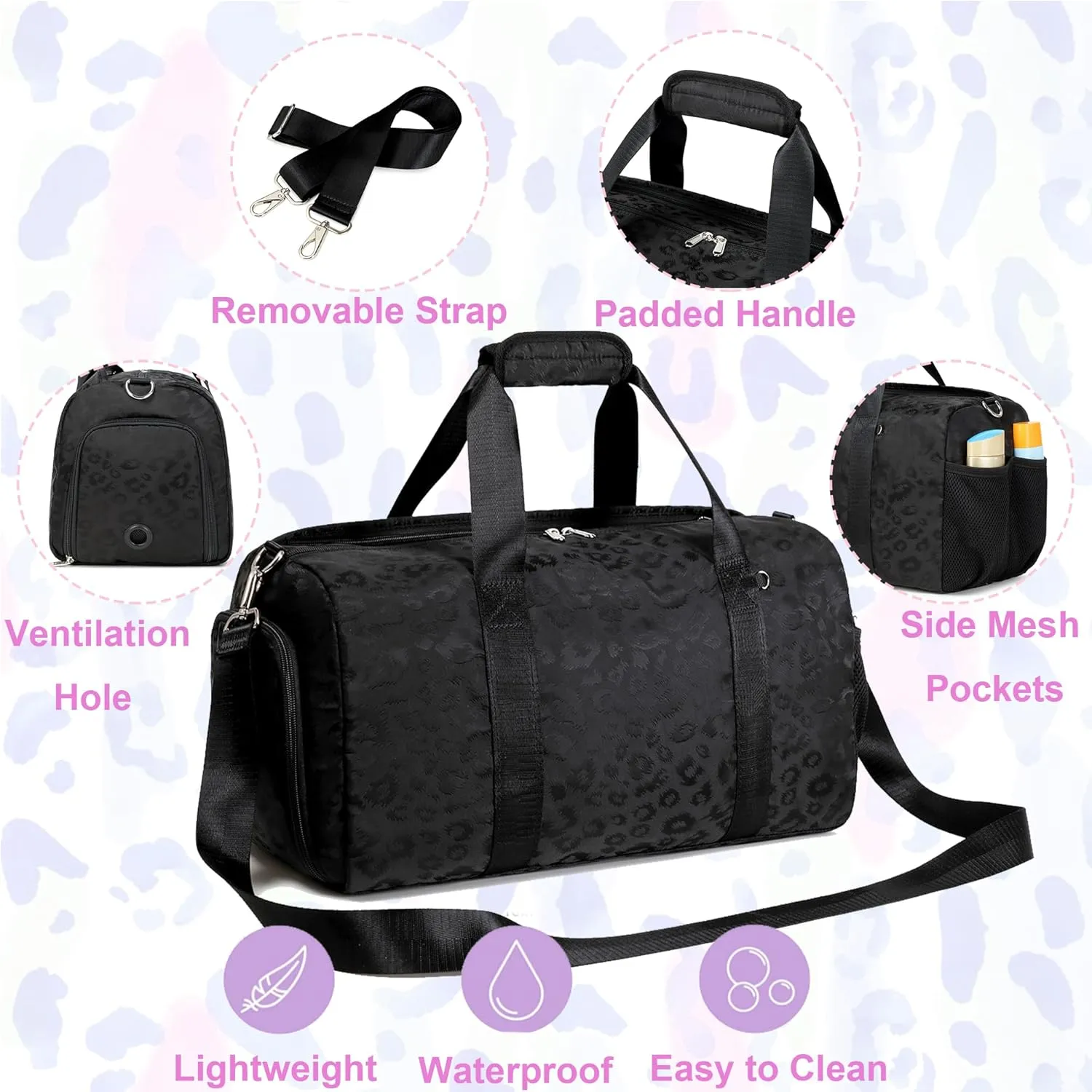 Dance Bag for Girls Duffle Bag Girls Overnight Bags Sleepover Gym Gymnastics Bags with Shoe Compartment and Wet Pocket,Leopard Shape