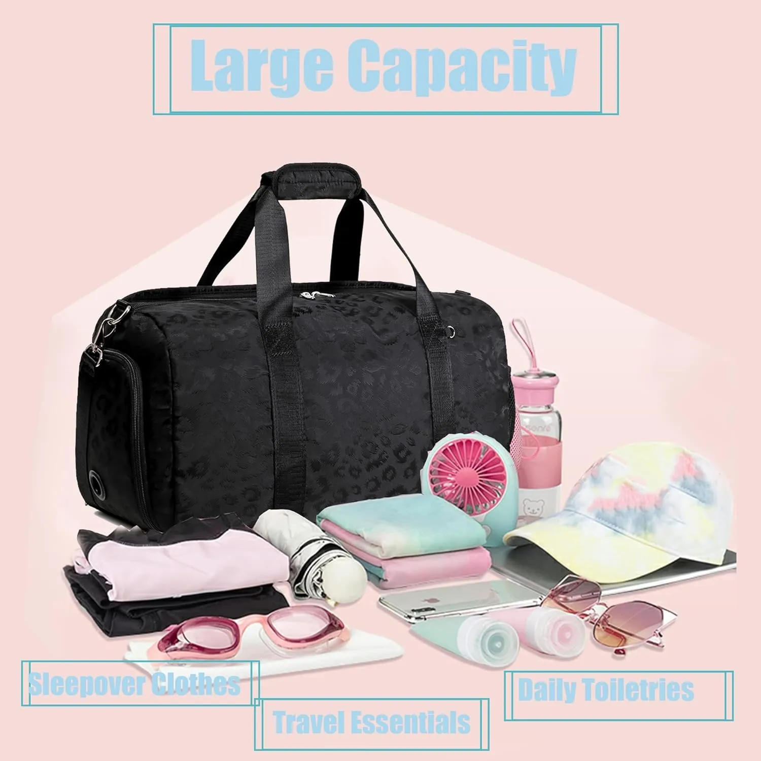 Dance Bag for Girls Duffle Bag Girls Overnight Bags Sleepover Gym Gymnastics Bags with Shoe Compartment and Wet Pocket,Leopard Shape