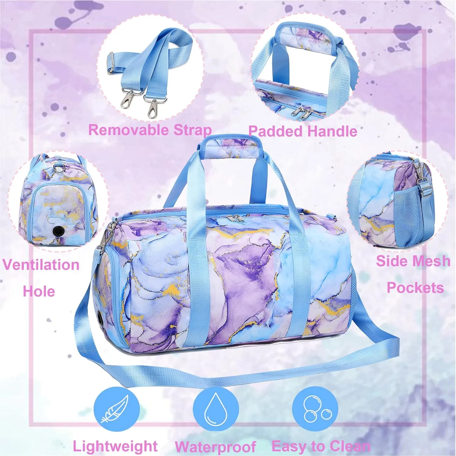Dance Bag for Girls Gymnastics Bags Teens Gym Ballet Bags Girls Overnight Sleepover Duffle Bag with Shoe Compartments and Wet Pocket,Marble