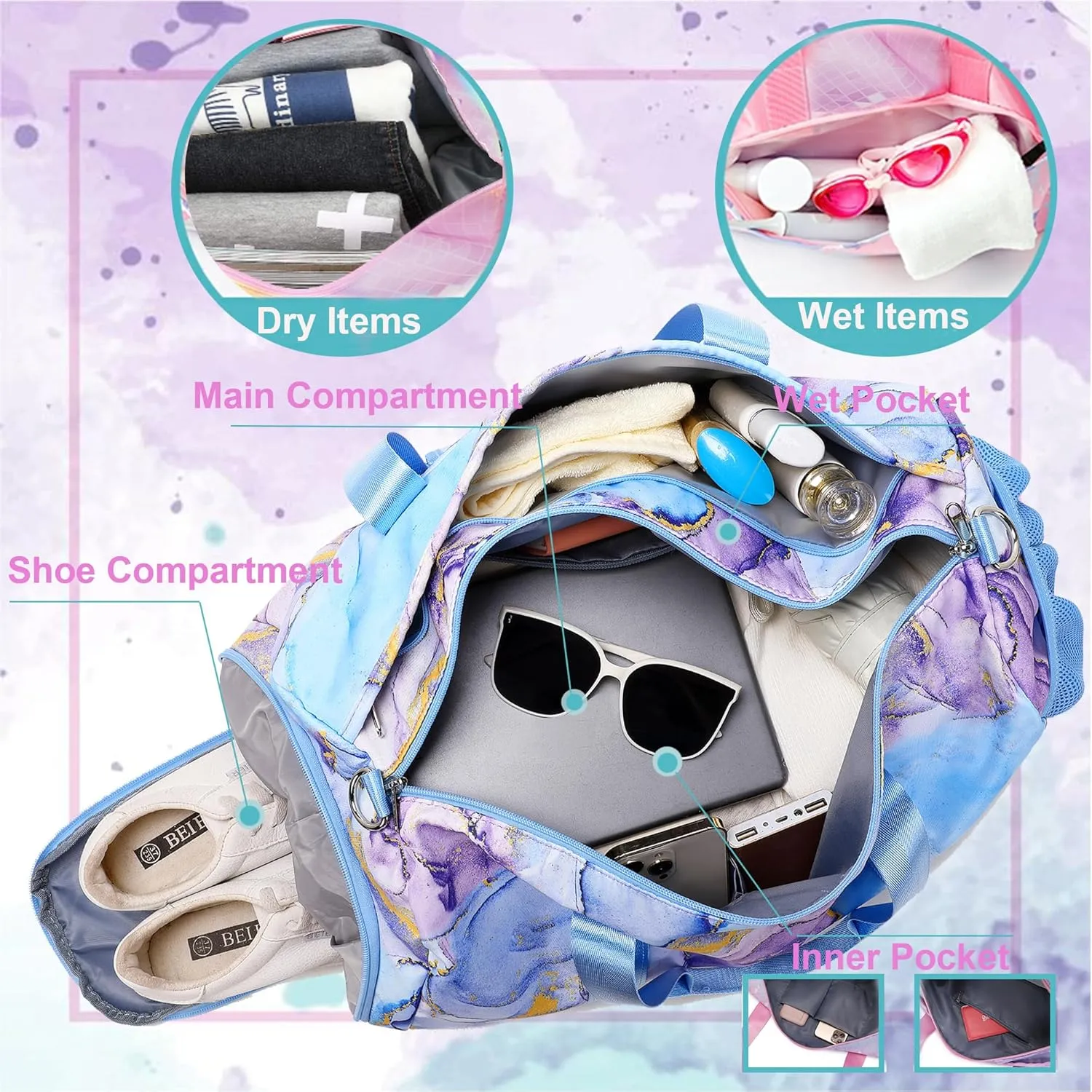 Dance Bag for Girls Gymnastics Bags Teens Gym Ballet Bags Girls Overnight Sleepover Duffle Bag with Shoe Compartments and Wet Pocket,Marble