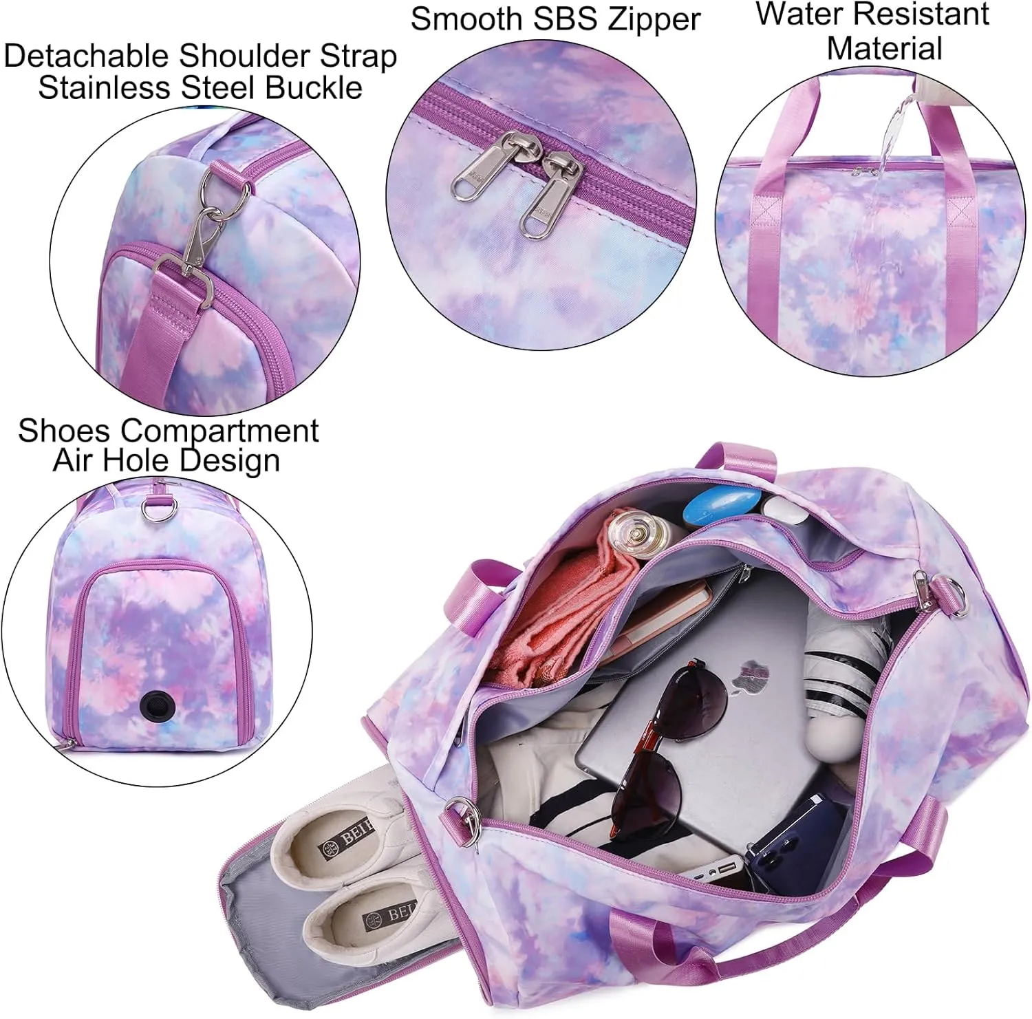 Dance Bag for Girls Sports Gym Bag for Girls Teen Travel Duffel Bags Waterproof Tie-dye Purple Overnight Duffel Bag with Shoe Compartment Ballet Gym Bag