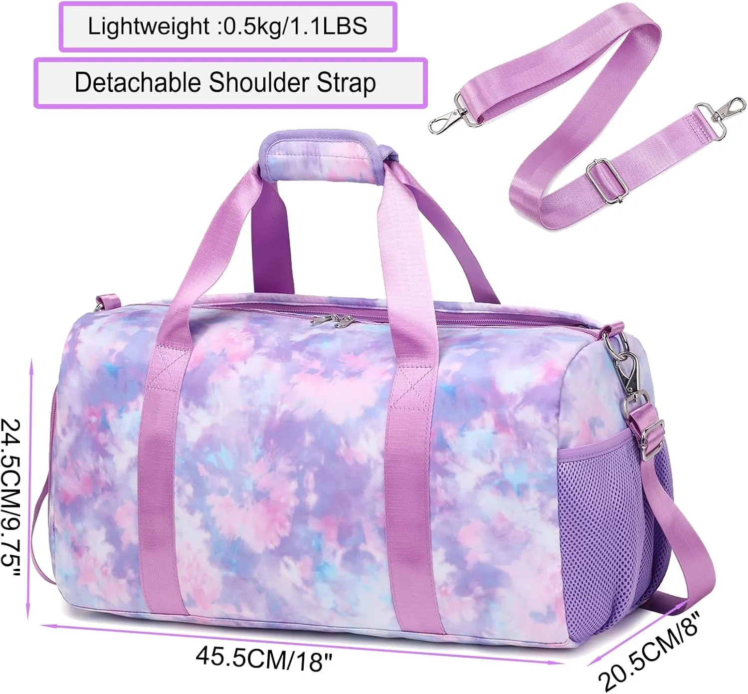 Dance Bag for Girls Sports Gym Bag for Girls Teen Travel Duffel Bags Waterproof Tie-dye Purple Overnight Duffel Bag with Shoe Compartment Ballet Gym Bag