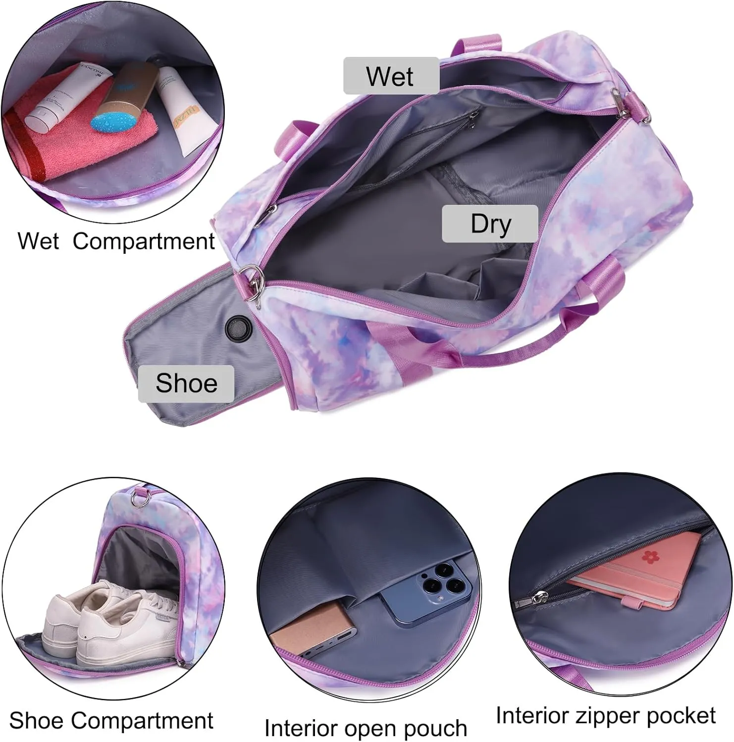 Dance Bag for Girls Sports Gym Bag for Girls Teen Travel Duffel Bags Waterproof Tie-dye Purple Overnight Duffel Bag with Shoe Compartment Ballet Gym Bag