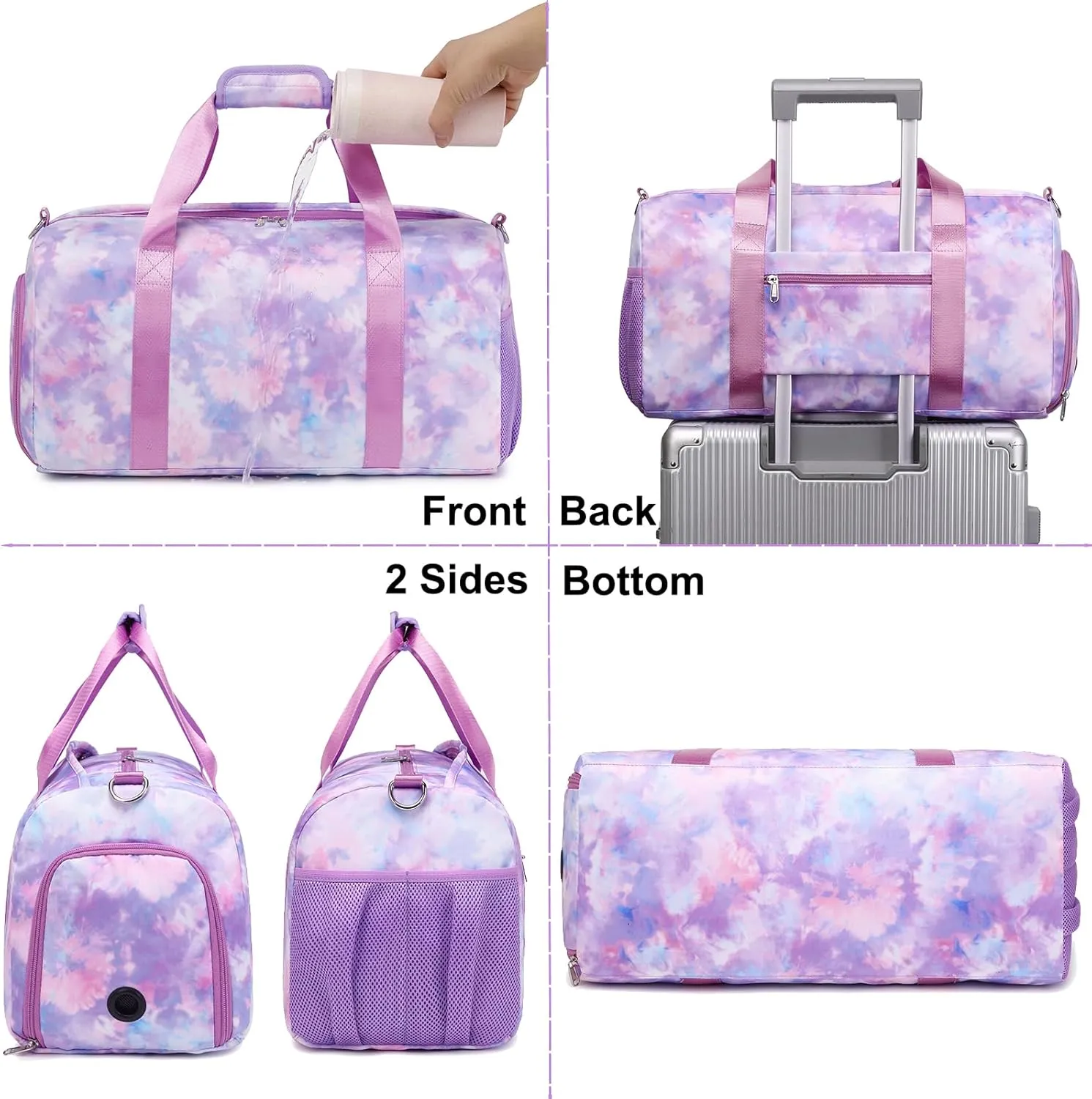 Dance Bag for Girls Sports Gym Bag for Girls Teen Travel Duffel Bags Waterproof Tie-dye Purple Overnight Duffel Bag with Shoe Compartment Ballet Gym Bag