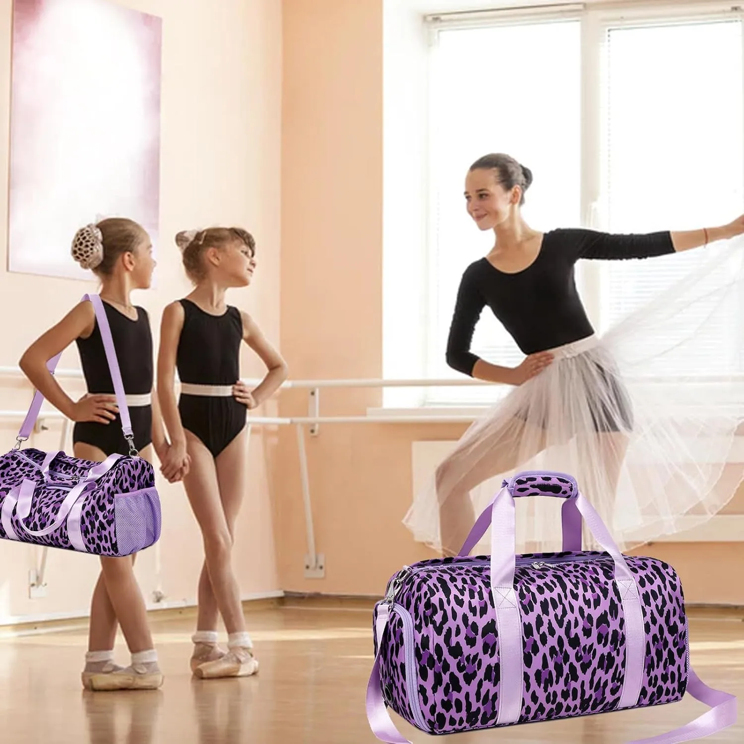Dance Bag for Girls Teen Sports Duffle Gym Carry On Weekender Overnigh Ballet Bags with Wet Pocket and Shoe Compartment（Purple Leopard Print）