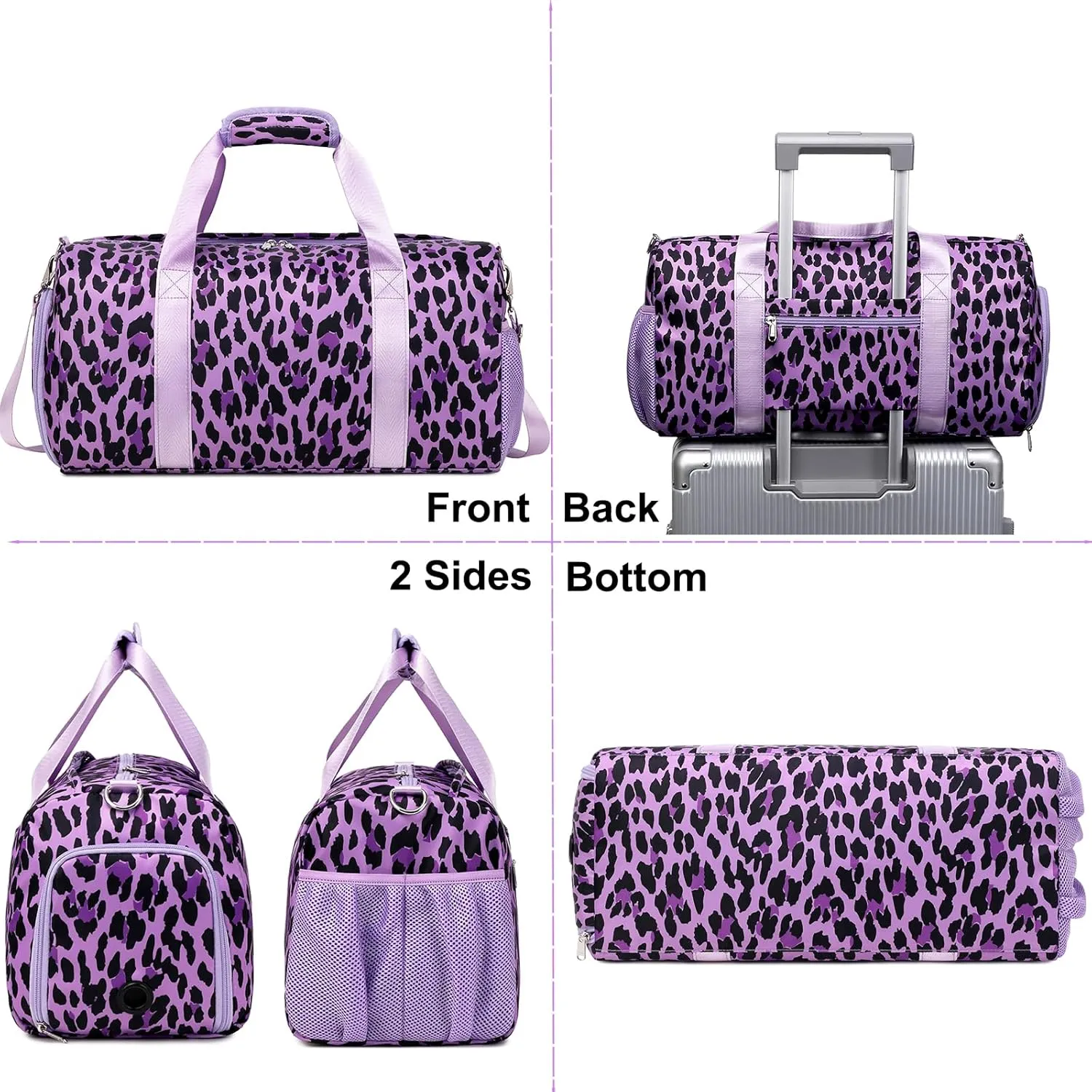 Dance Bag for Girls Teen Sports Duffle Gym Carry On Weekender Overnigh Ballet Bags with Wet Pocket and Shoe Compartment（Purple Leopard Print）