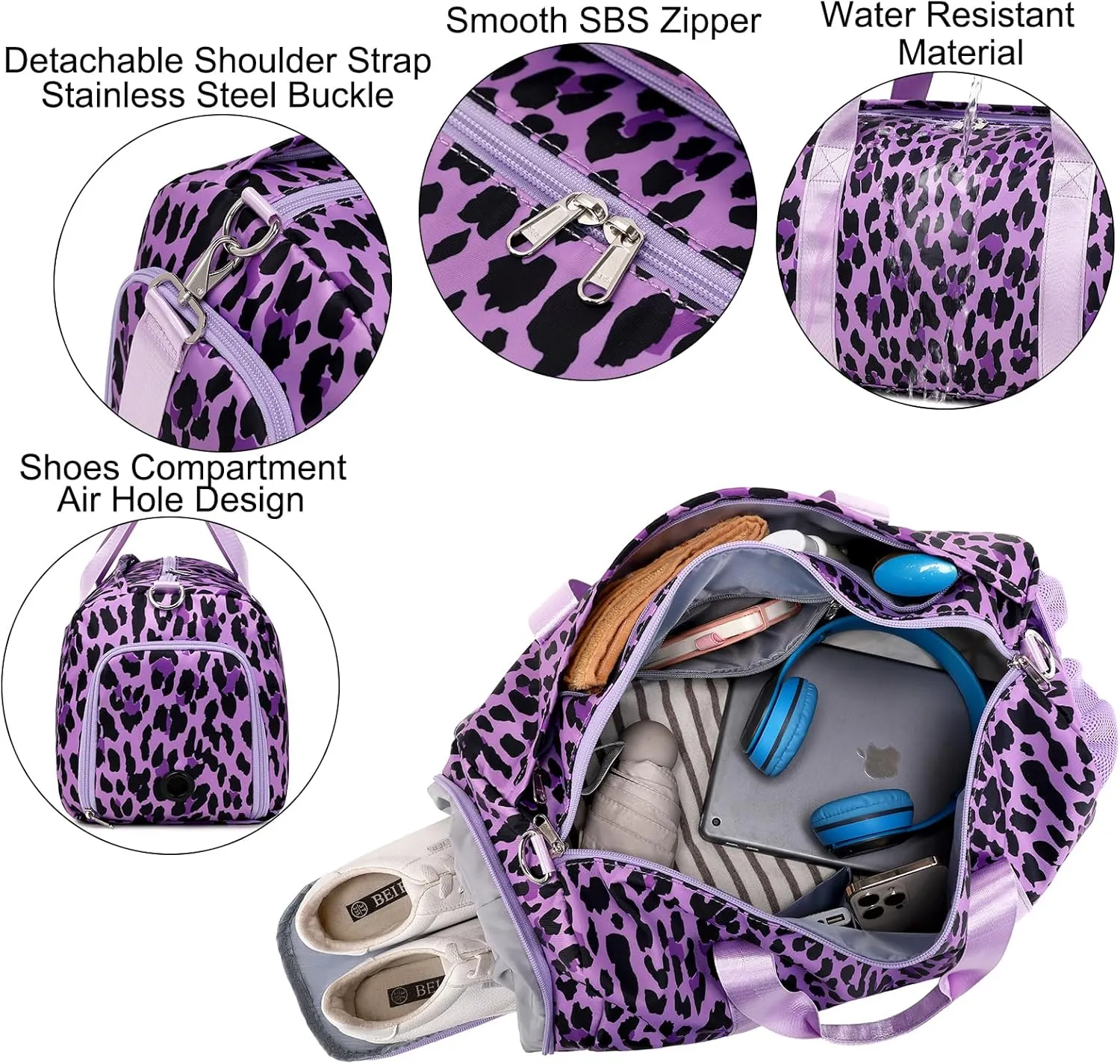 Dance Bag for Girls Teen Sports Duffle Gym Carry On Weekender Overnigh Ballet Bags with Wet Pocket and Shoe Compartment（Purple Leopard Print）