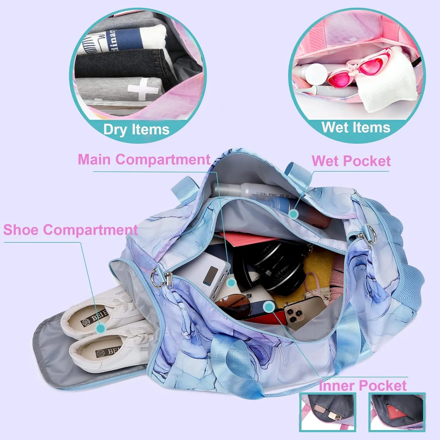 Dance Bag Girls Dance Duffle Bag Sports Gym Bags Weekender Sleepover Overnight Bags with Shoe Compartment and Wet Pocket