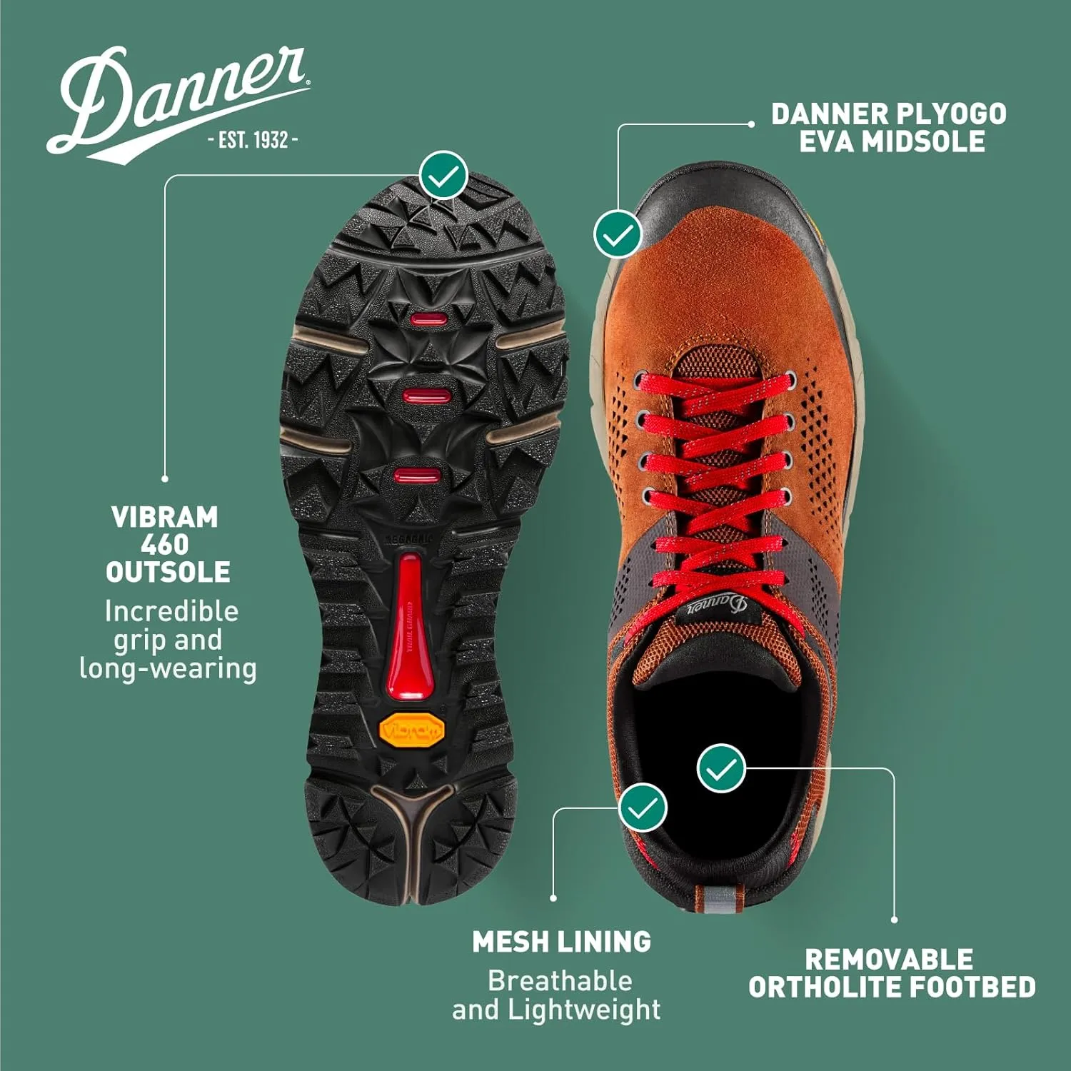 Danner Trail 2650 Hiking Shoes for Men - Durable Suede, Lightweight Textile with Breathable Mesh Lining, Ortholite Footbed & Vibram Traction Outsole