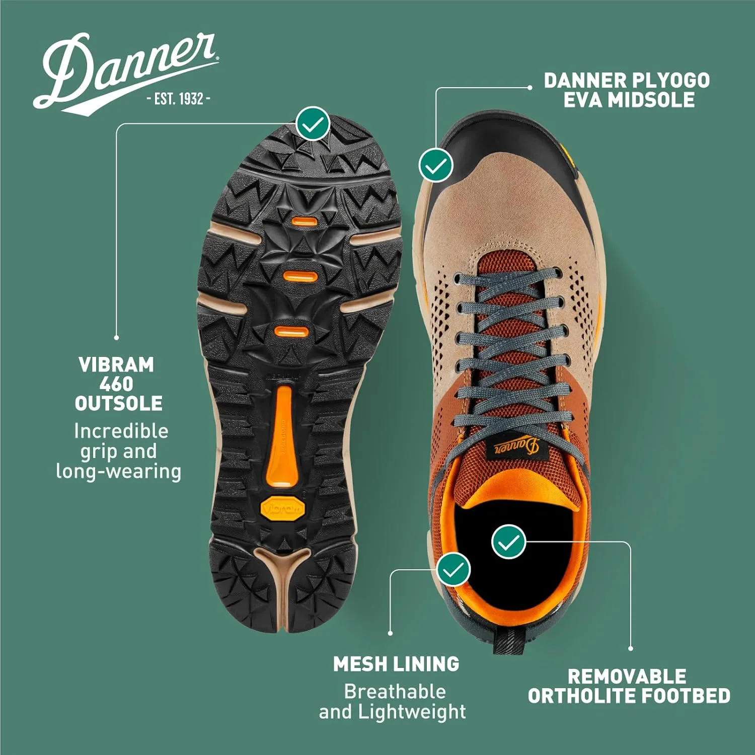 Danner Trail 2650 Hiking Shoes for Men - Durable Suede, Lightweight Textile with Breathable Mesh Lining, Ortholite Footbed & Vibram Traction Outsole