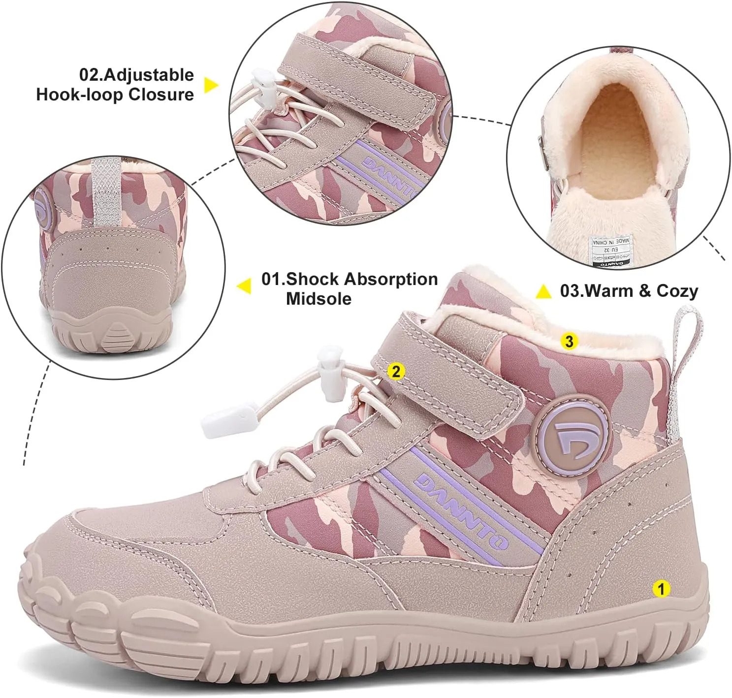 Dannto Kids Winter Snow Boots Boys Girls Wide Toe Box Warm Barefoot Hiking Shoes Fur Lined Outdoor Ankle Walking Boots