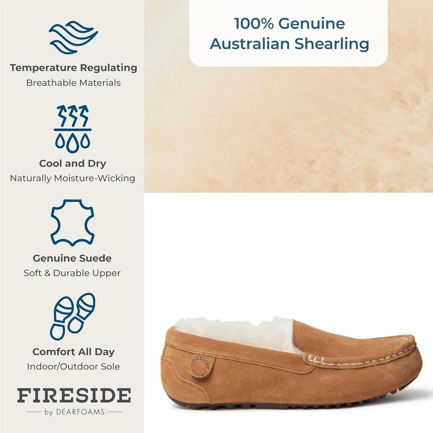 Dearfoams Women's Moccasin Slipper - Fireside Mel Indoor House Shoe with Genuine Shearling and Cozy Memeory Foam