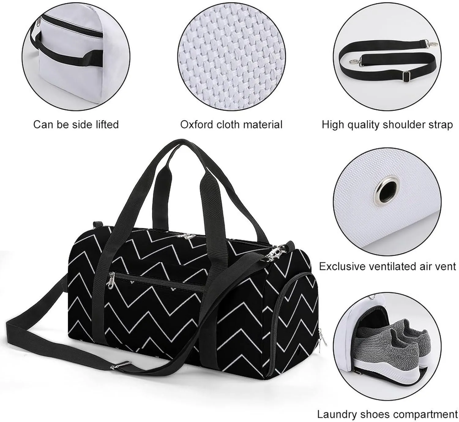 Diagonal Zig Zag Wave Line Fitness Large Gym Bag for Unisex with Shoe Compartment & Wet Pocket