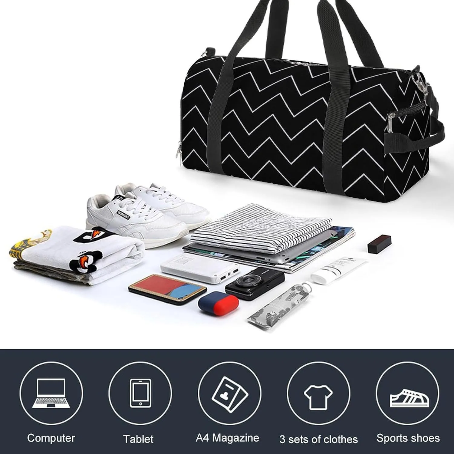 Diagonal Zig Zag Wave Line Fitness Large Gym Bag for Unisex with Shoe Compartment & Wet Pocket