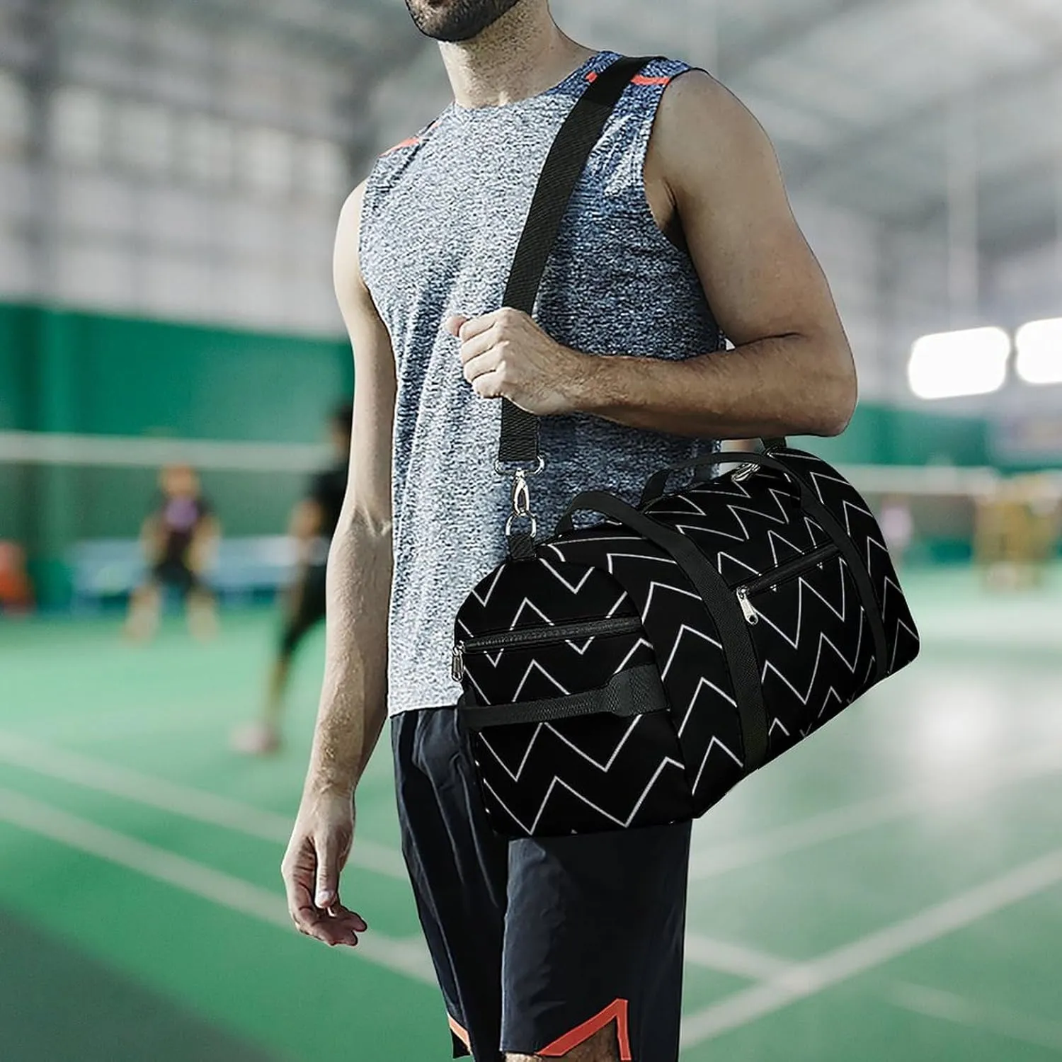 Diagonal Zig Zag Wave Line Fitness Large Gym Bag for Unisex with Shoe Compartment & Wet Pocket