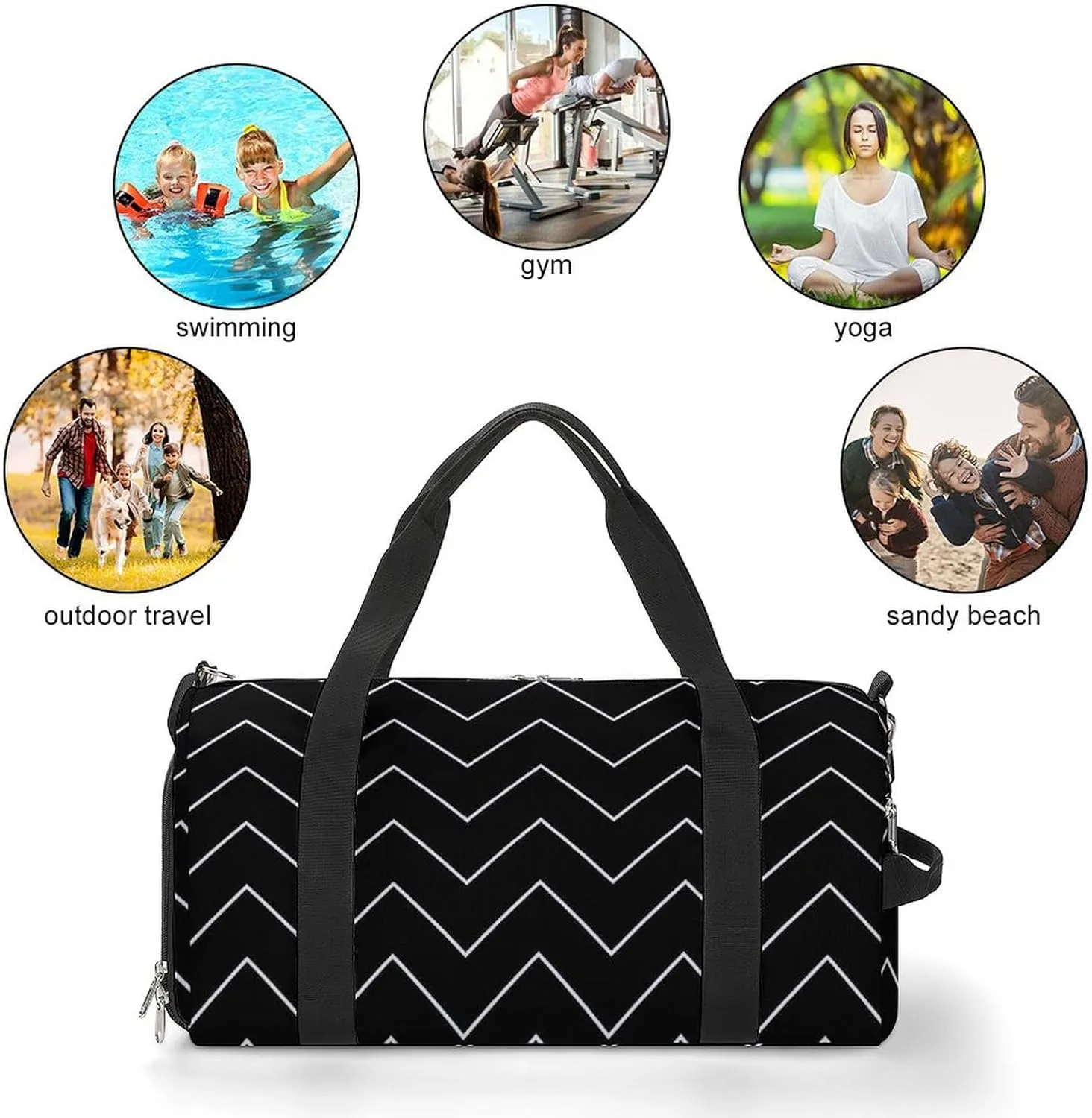 Diagonal Zig Zag Wave Line Fitness Large Gym Bag for Unisex with Shoe Compartment & Wet Pocket