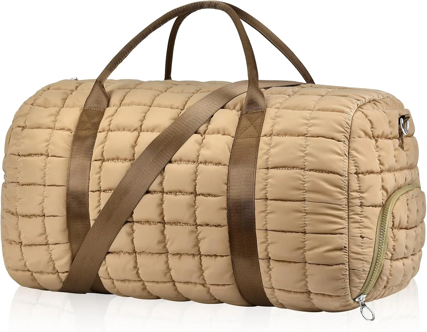 Dimayar Puffer Duffle Bag for Travel – 22”x14”x9” Airline-Approved, Puffy Weekender Bag for Women with Shoe Compartment,40L（Khaki）