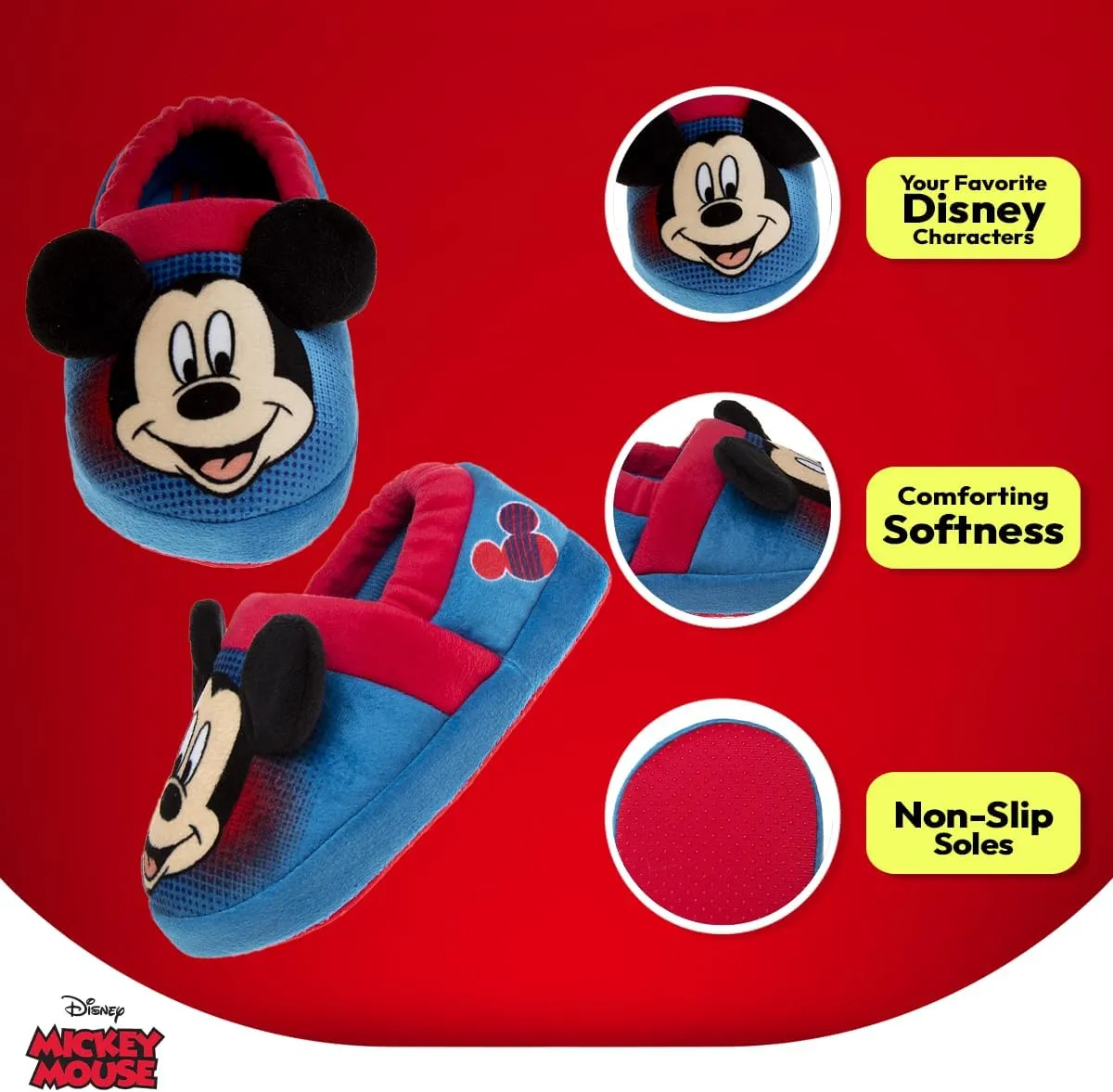 Disney Boys’ Mickey Mouse Slippers – Cozy Plush Fuzzy Slippers: Non-Slip, Non-Skid Slippers for Boys (Toddler/Little Kid)