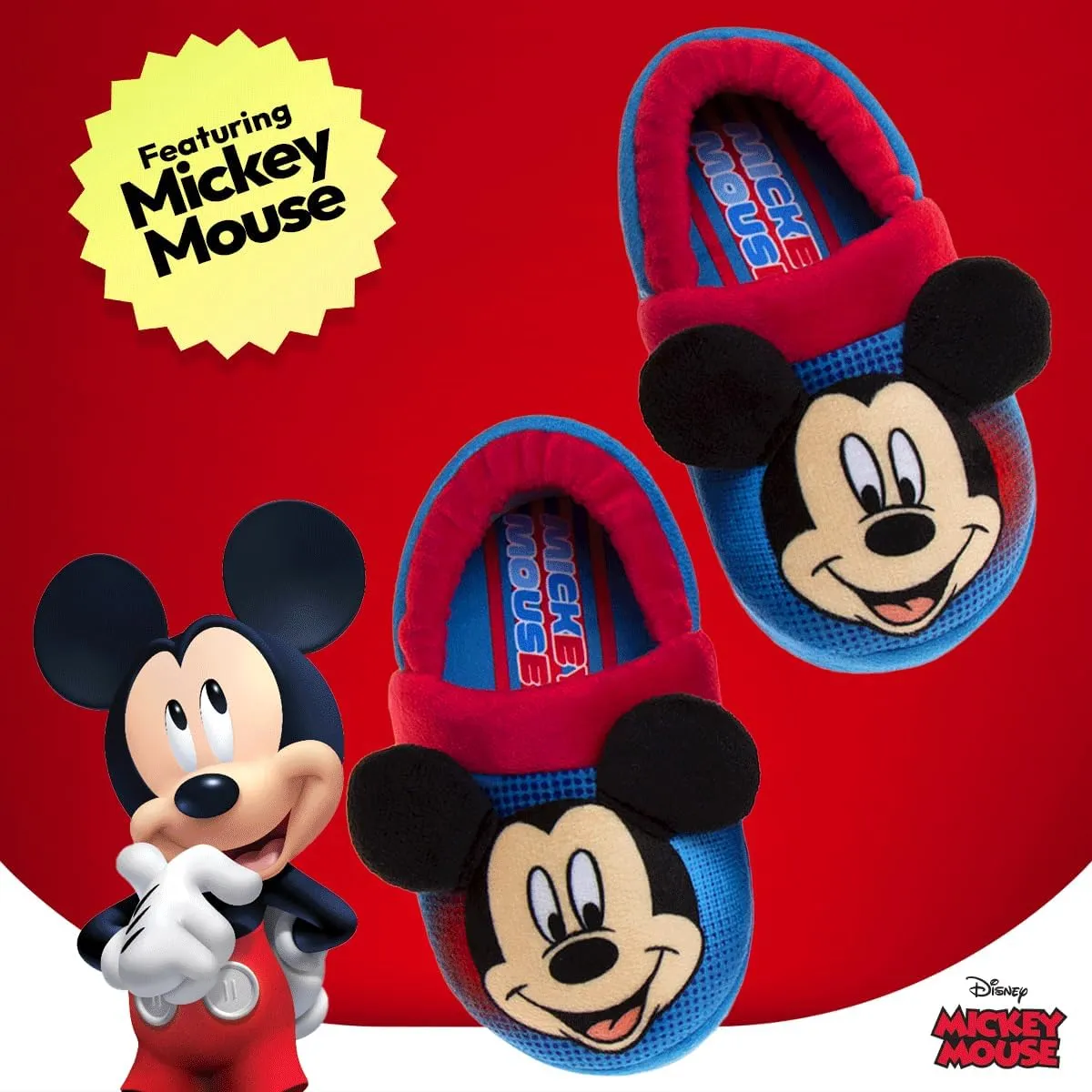 Disney Boys’ Mickey Mouse Slippers – Cozy Plush Fuzzy Slippers: Non-Slip, Non-Skid Slippers for Boys (Toddler/Little Kid)