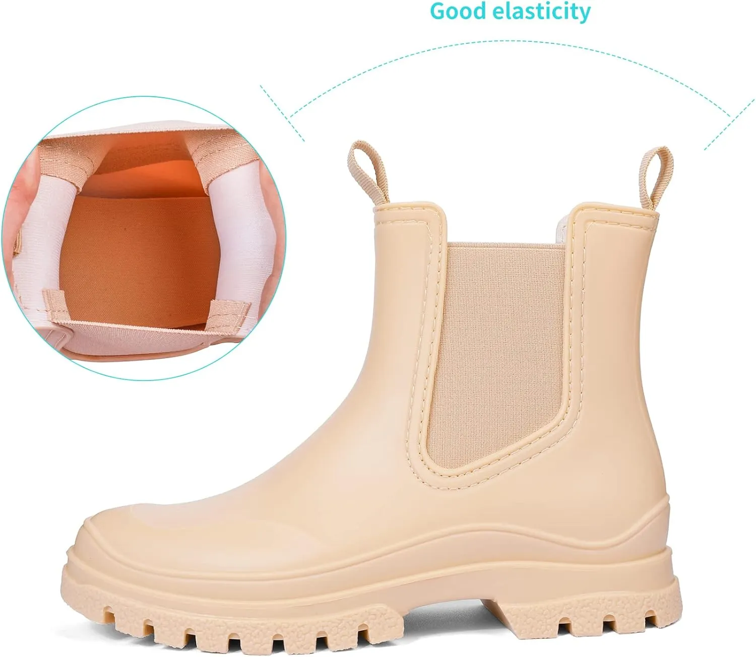 DKSUKO Women's Short Rain Boots Rubber Waterproof Garden Boots Elastic Slip On Ankle Chelsea Boot Fashion Insulated Rain Shoe for Outdoor Work Thick Sole