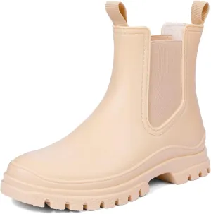 DKSUKO Women's Short Rain Boots Rubber Waterproof Garden Boots Elastic Slip On Ankle Chelsea Boot Fashion Insulated Rain Shoe for Outdoor Work Thick Sole